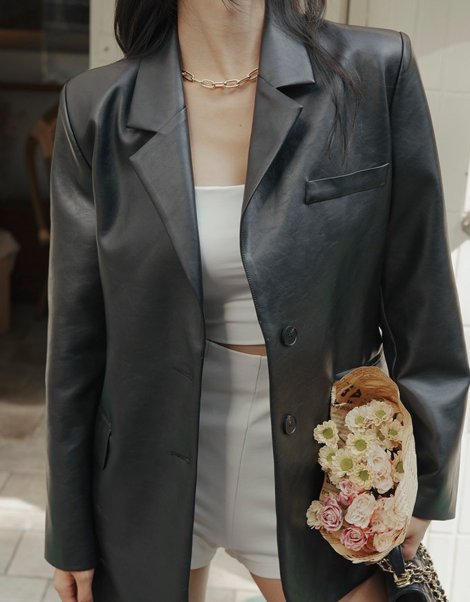 Double Button Shoulder Padded Faux Leather Blazer Jacket