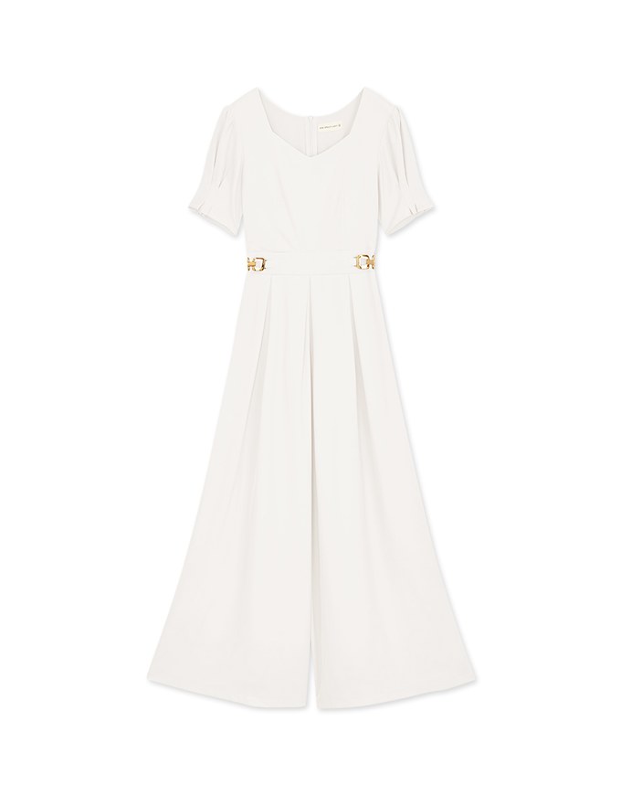 Retro Pleated Puff Sleeve Wide Leg Jumpsuit