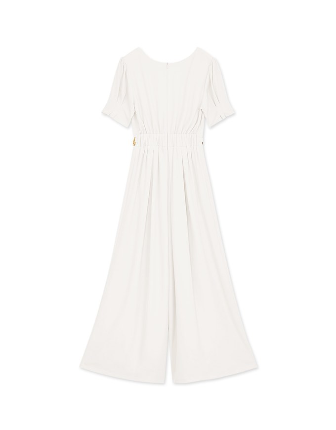 Retro Pleated Puff Sleeve Wide Leg Jumpsuit
