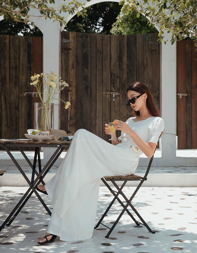 Retro Pleated Puff Sleeve Wide Leg Jumpsuit