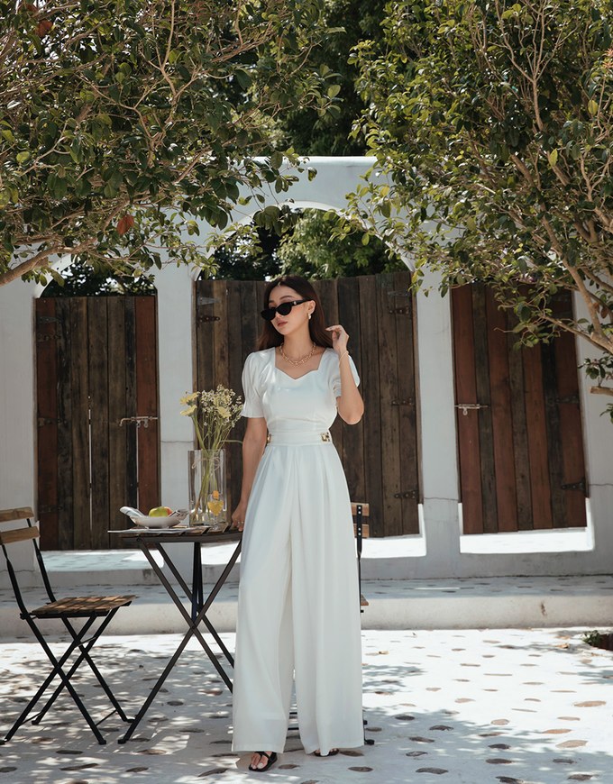 Retro Pleated Puff Sleeve Wide Leg Jumpsuit