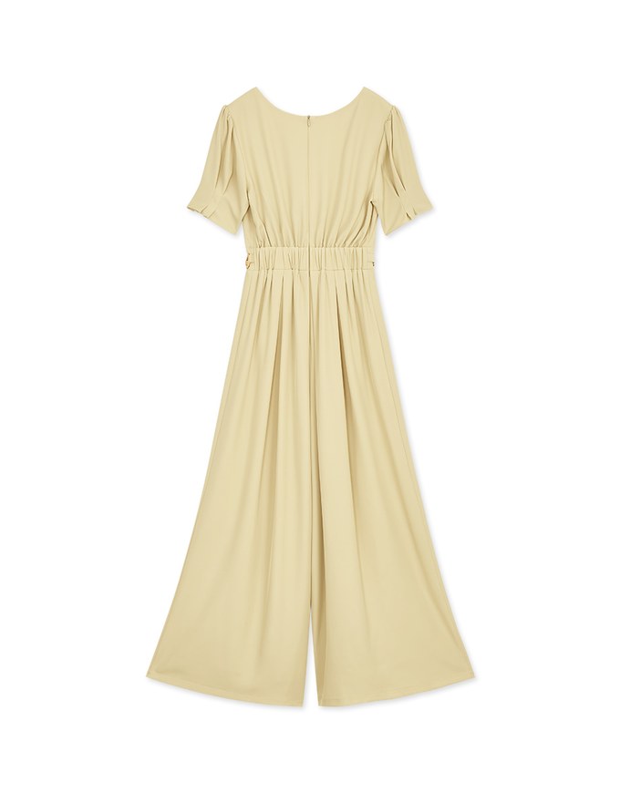 Retro Pleated Puff Sleeve Wide Leg Jumpsuit