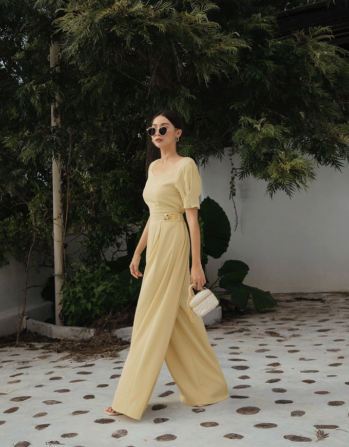 Retro Pleated Puff Sleeve Wide Leg Jumpsuit