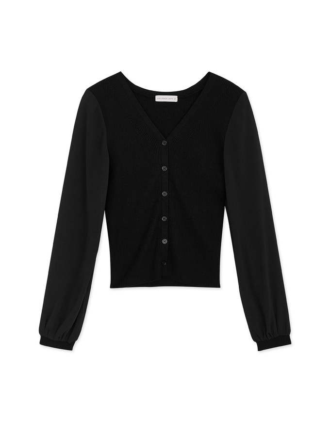 V Neck Splice Mesh Buttoned Knit Top