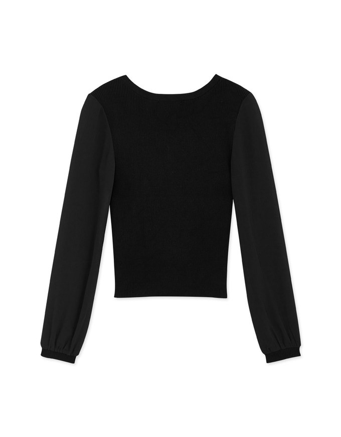 V Neck Splice Mesh Buttoned Knit Top