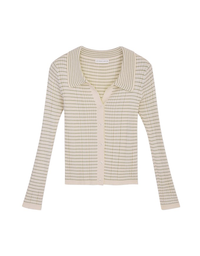Lapel Collar Striped Button Down Crop Knit Top