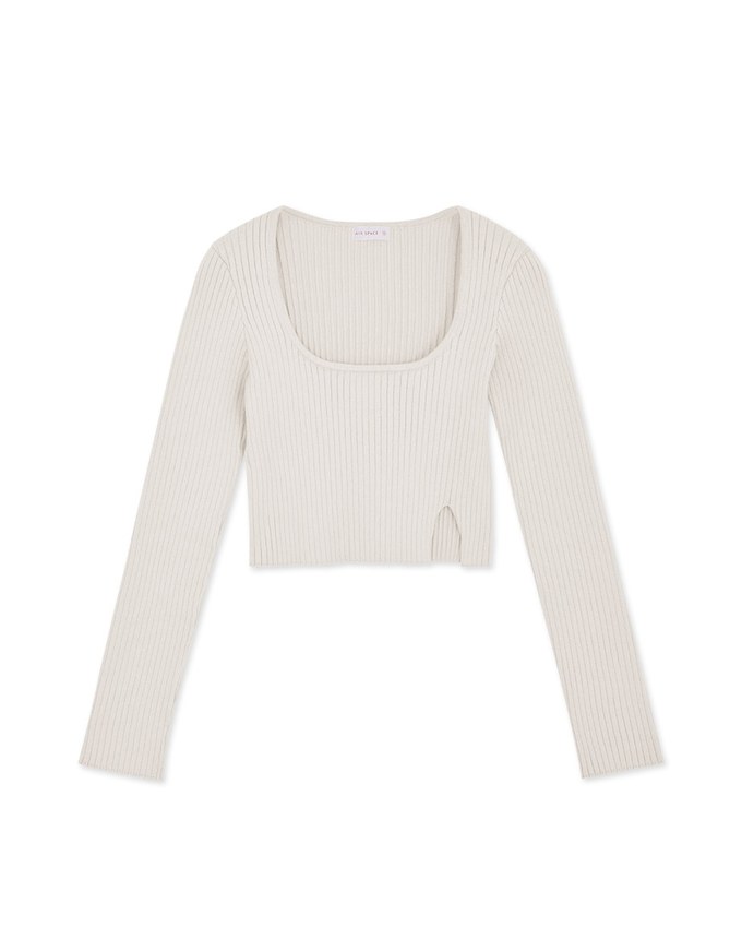 U Collar Slit Knit Short Version Of The Blouse Shirt