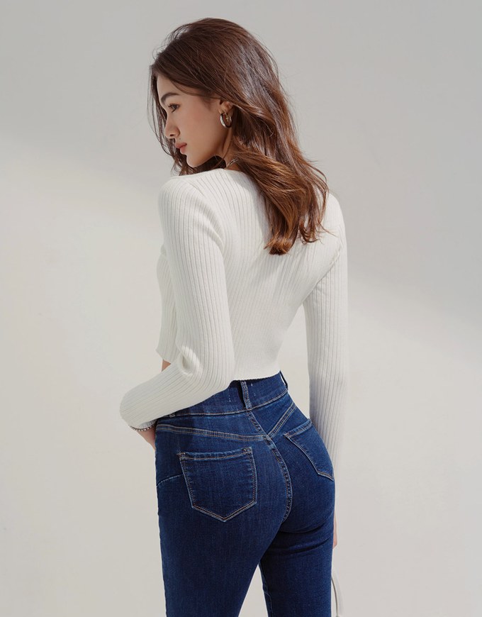 U Collar Slit Knit Short Version Of The Blouse Shirt