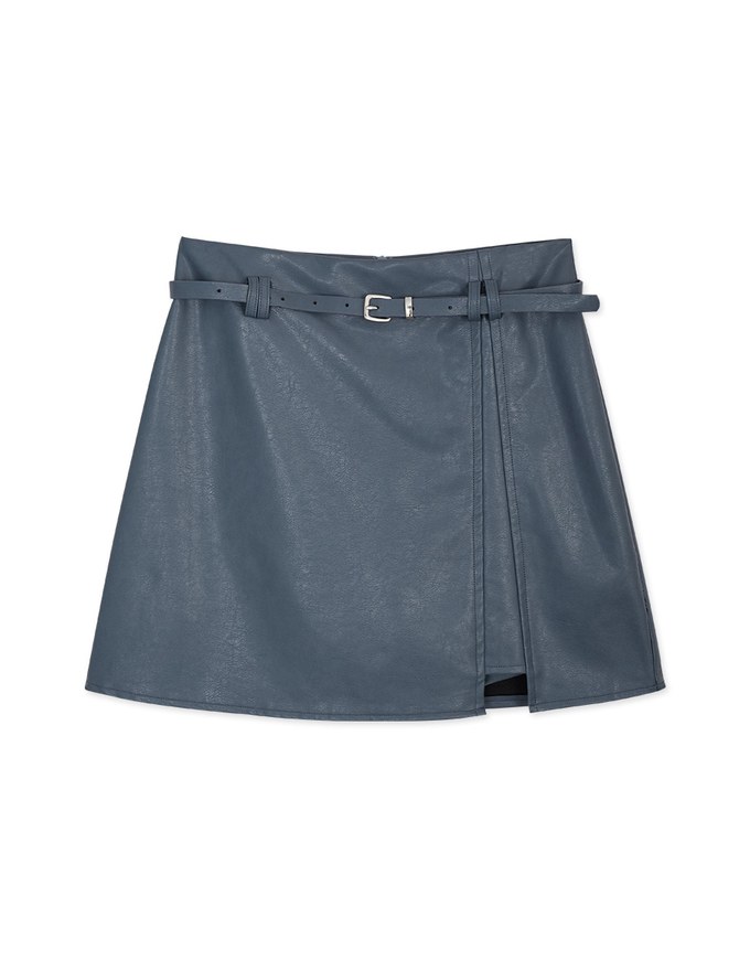 Stitching Slit Faux Leather Skirt (With Belt)