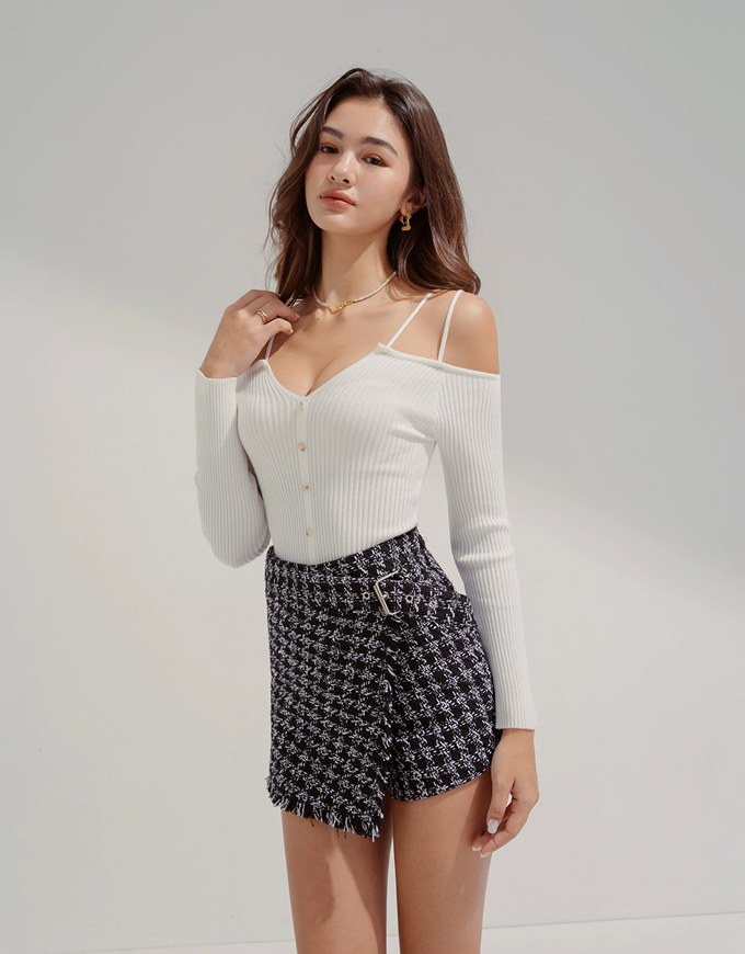 Chic Style Tweed Buckled Skirt