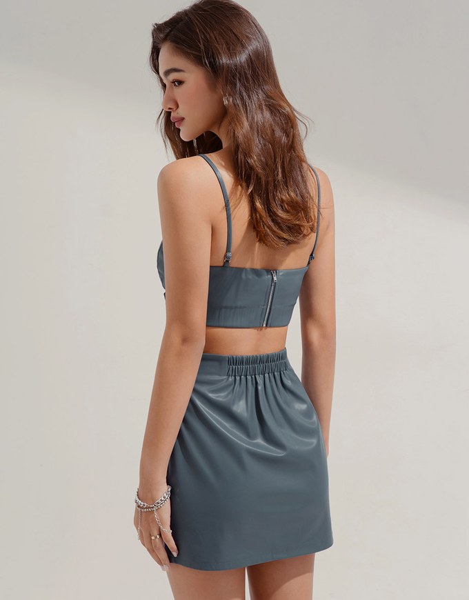 Side Button Slit Faux Leather Skirt