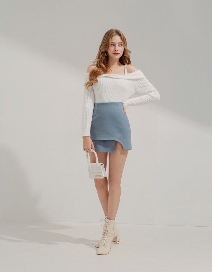 Overlapping Curved Slit Tweed Skirt
