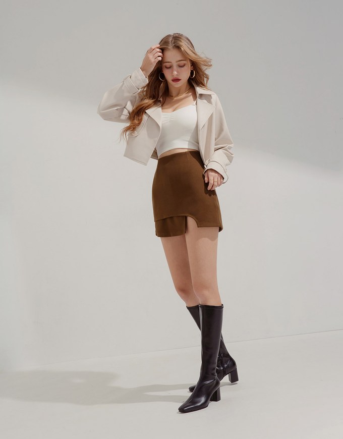 Overlapping Curved Slit Tweed Skirt