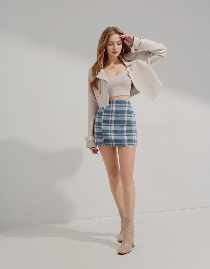 Checked Tweed Slit Skirt