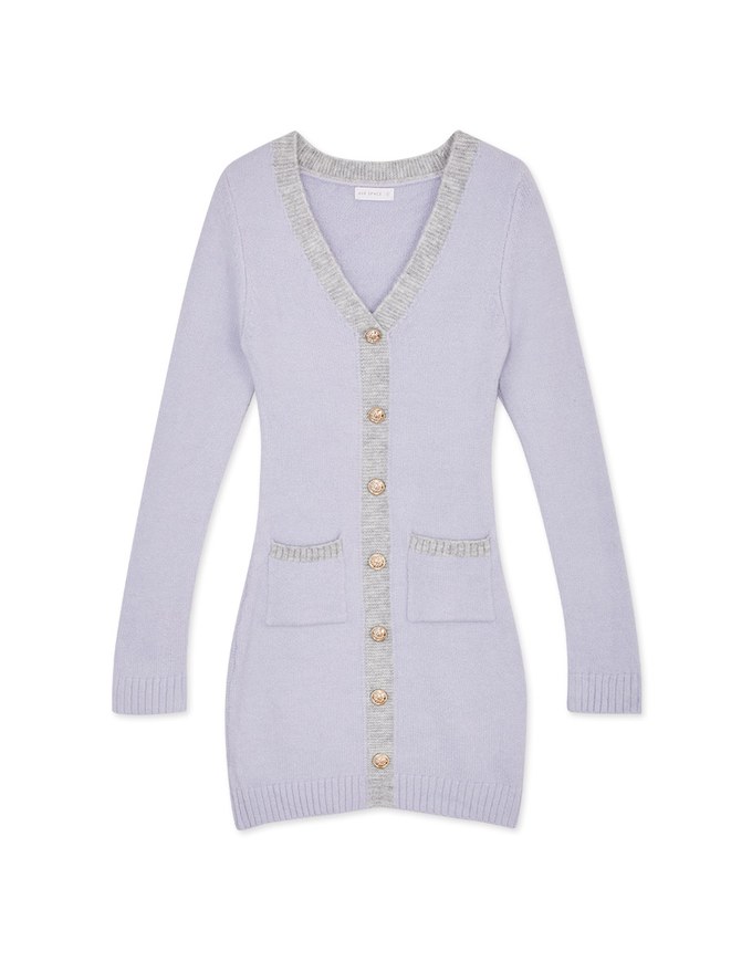 V-Neck Buttoned Knit Min Dress