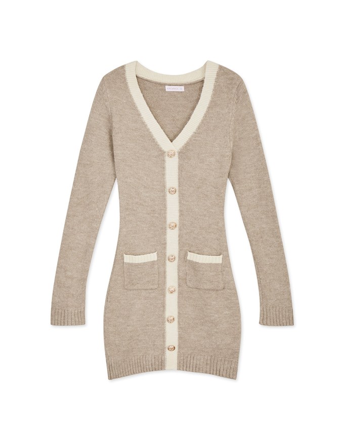 V-Neck Buttoned Knit Min Dress