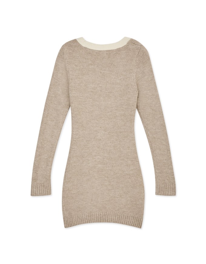 V-Neck Buttoned Knit Min Dress
