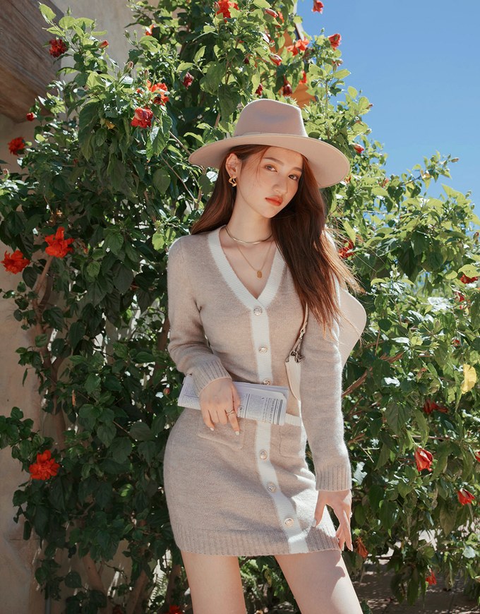 V-Neck Buttoned Knit Min Dress