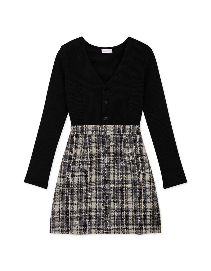 Chic Weave Pattern Patchwork Button Knit Mini Dress