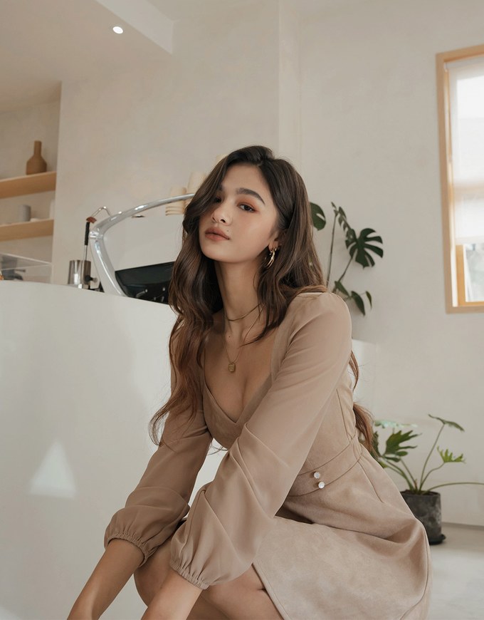 Square-Neck Bead-Button Stitched Suede Mini Dress