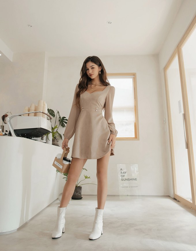 Square-Neck Bead-Button Stitched Suede Mini Dress