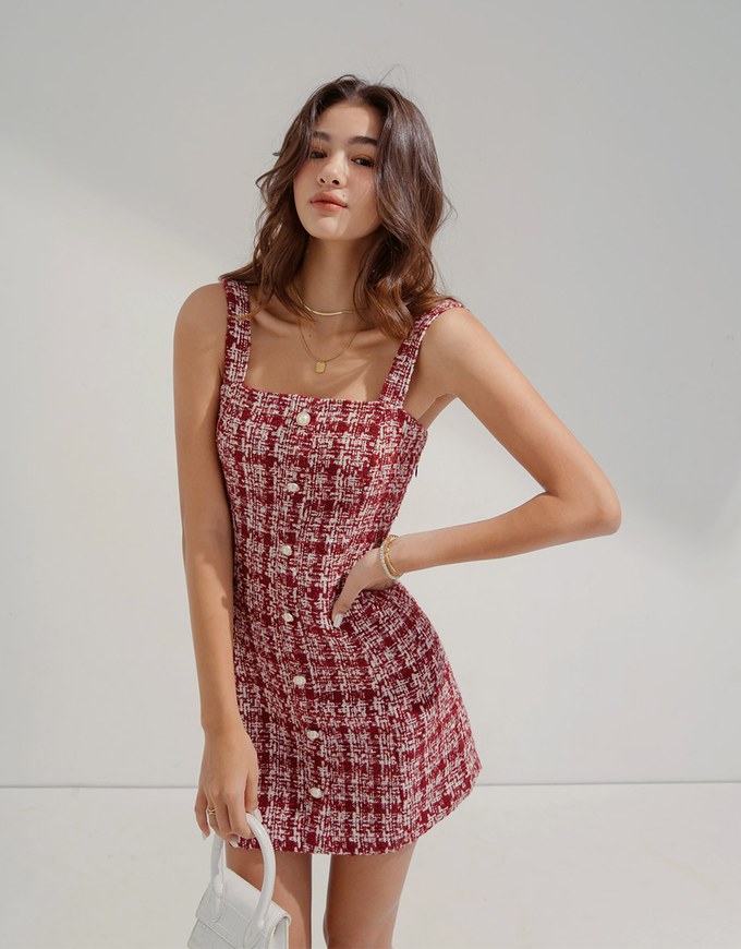 Chic Weave Pattern Beaded Button Vest Mini Dress