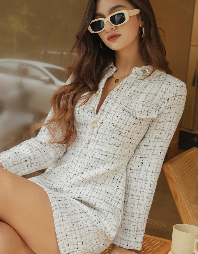 Petite Check Pattern Button-Down Shirt Mini Dress