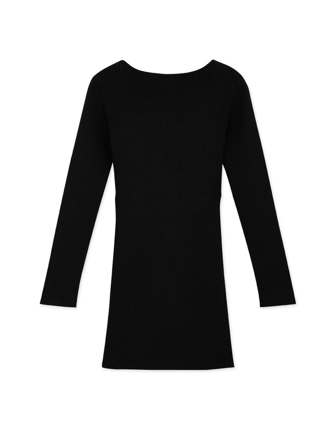 U-Neckline Button-Down Knit Mini Dress
