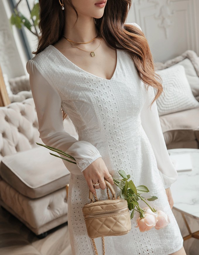 V-Neck Lace Mini Dress
