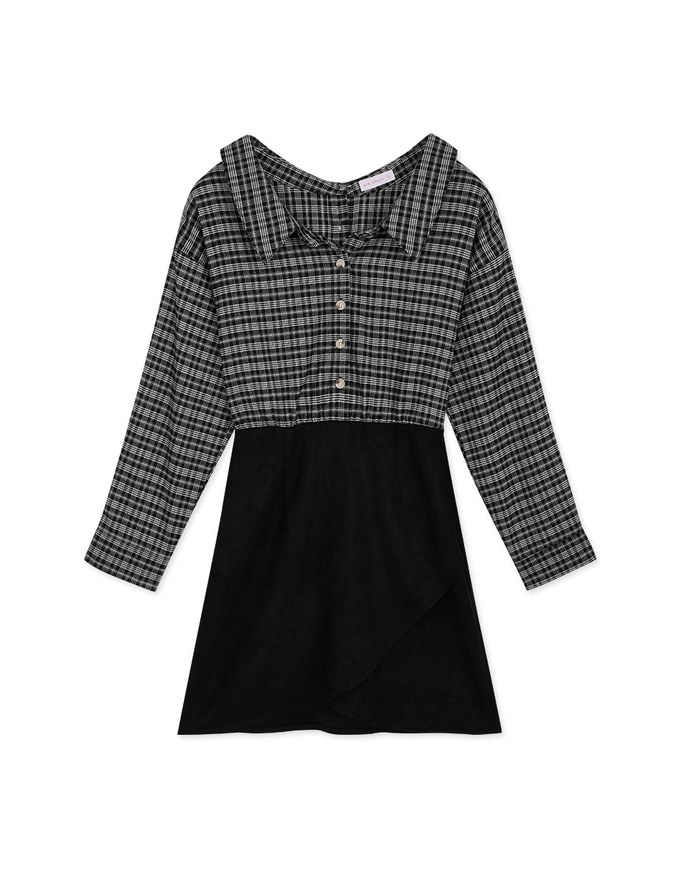 Plaid Strapless Button-Down Suede Mini Dress