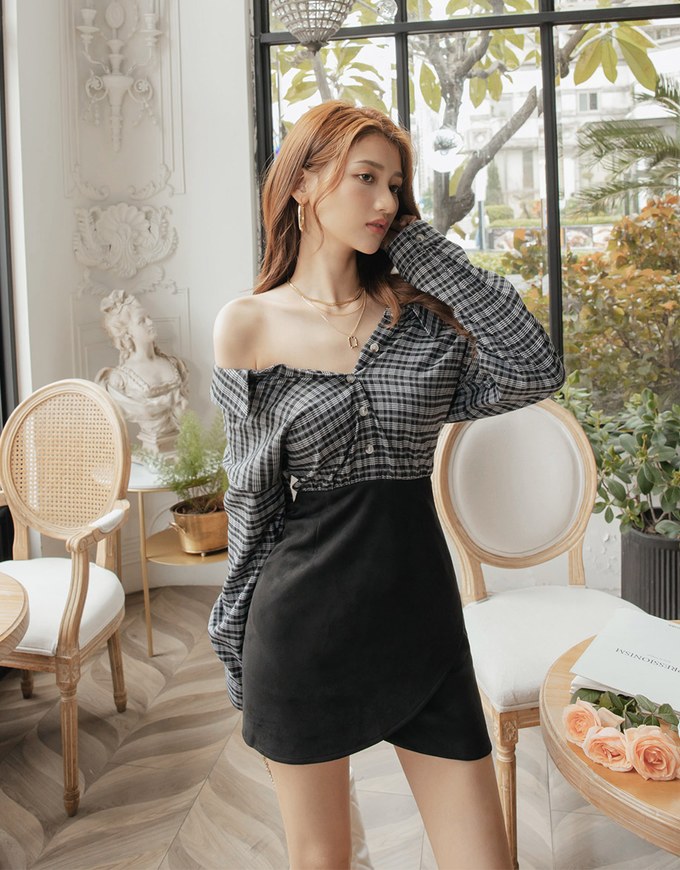 Plaid Strapless Button-Down Suede Mini Dress