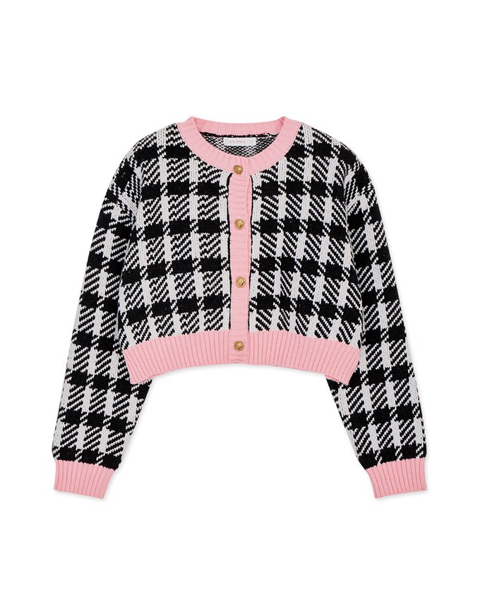 Collision Color Piping Check Pattern Gold Button Knit Crop Blazer Jacket