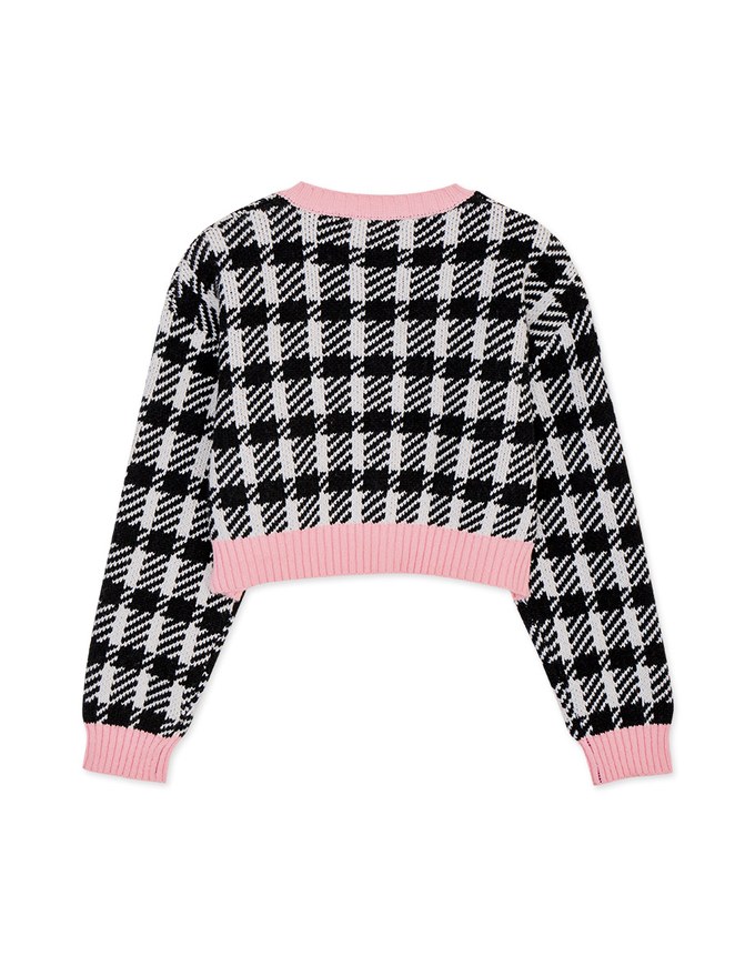 Collision Color Piping Check Pattern Gold Button Knit Crop Blazer Jacket