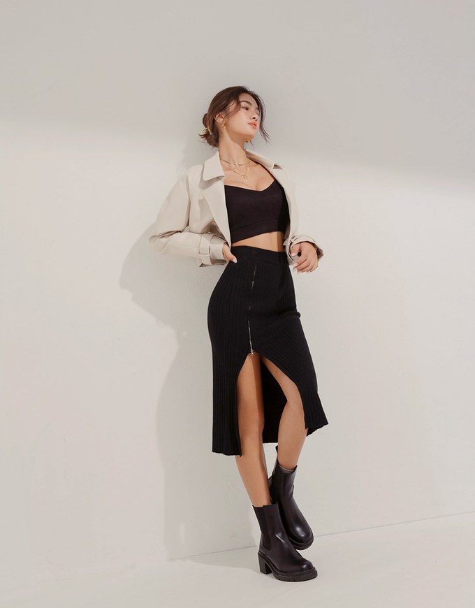 Side Zipper Slit Knit Maxi Skirt