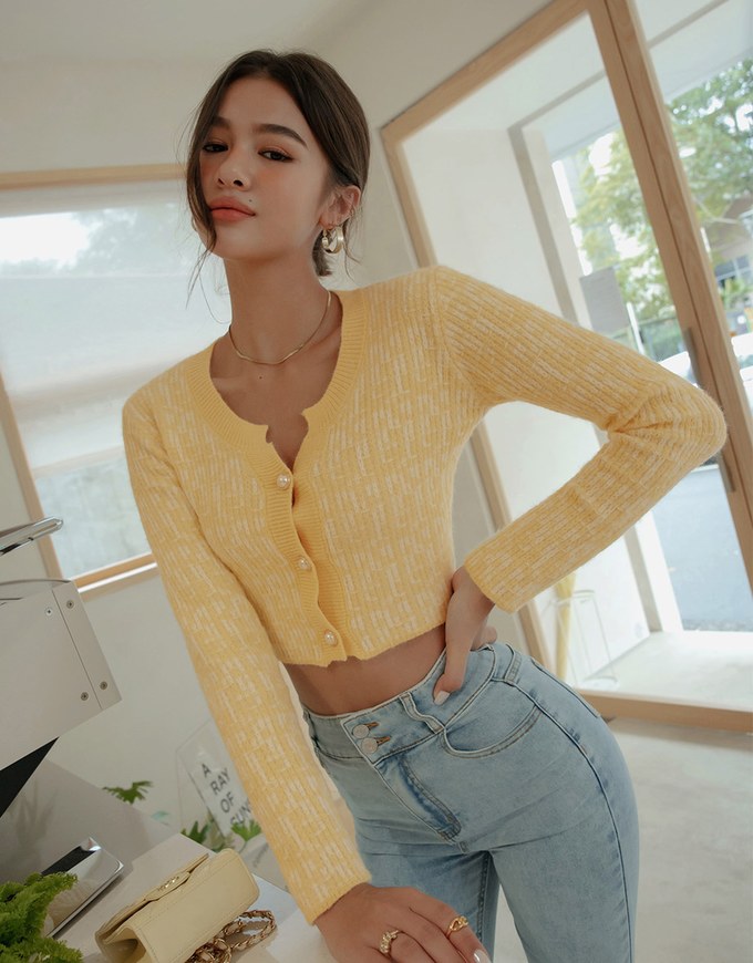 【I'M Meme Joint Name】Beaded Button Crop Knit Blazer Jacket