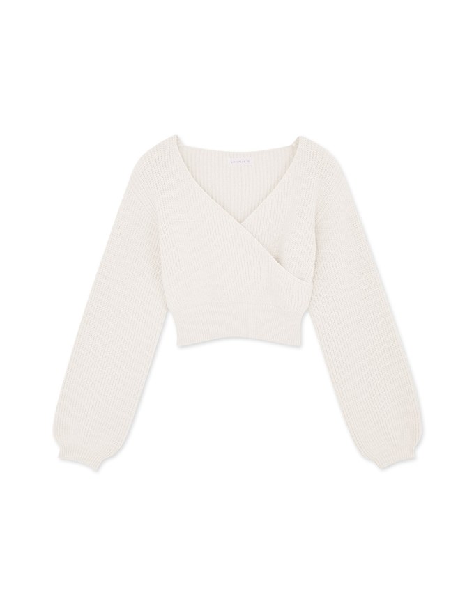 Overlapped V Neck Short Sleeve Knit Crop Top