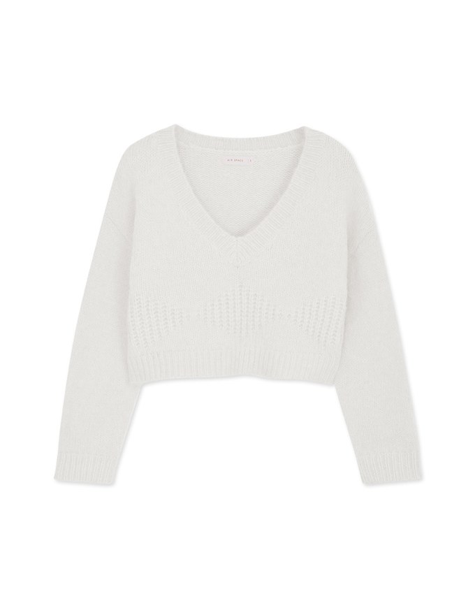 V-Neck Diamond Checked Plush Knit Crop Top