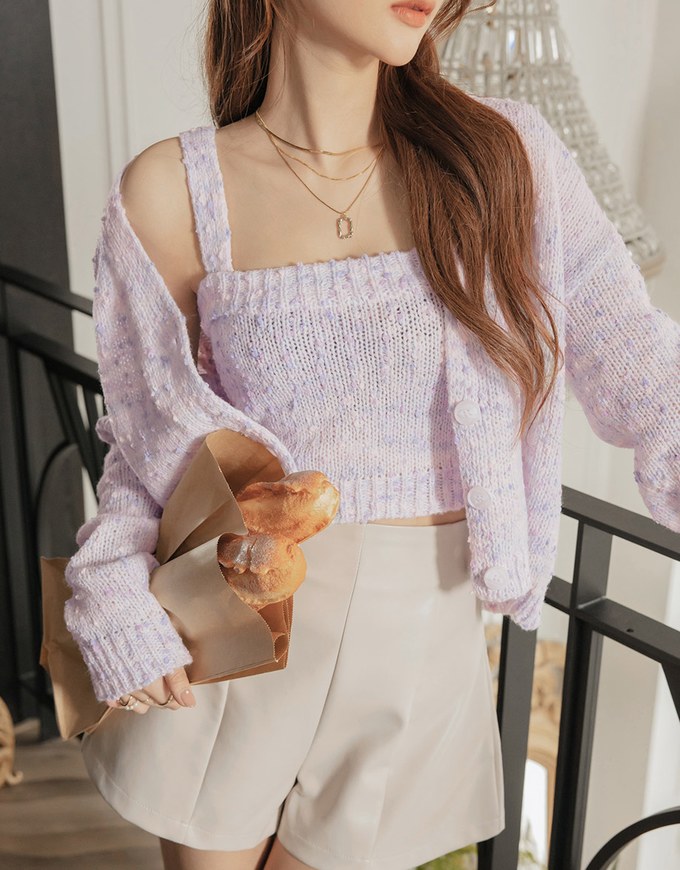 Mixed Color Fur Balls And Button Two-Piece Knit Top
