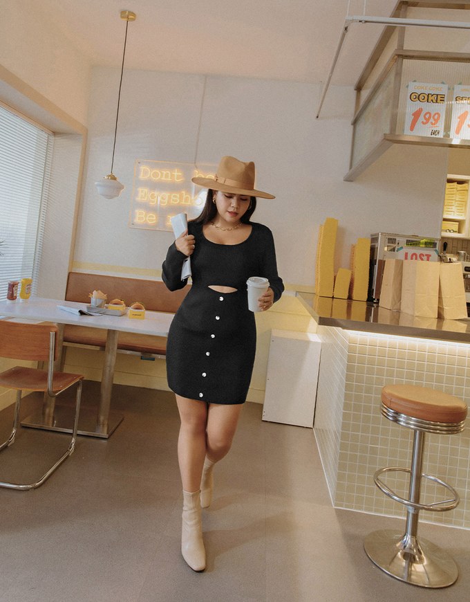 U-Collar Button-Down Knit Mini Dress
