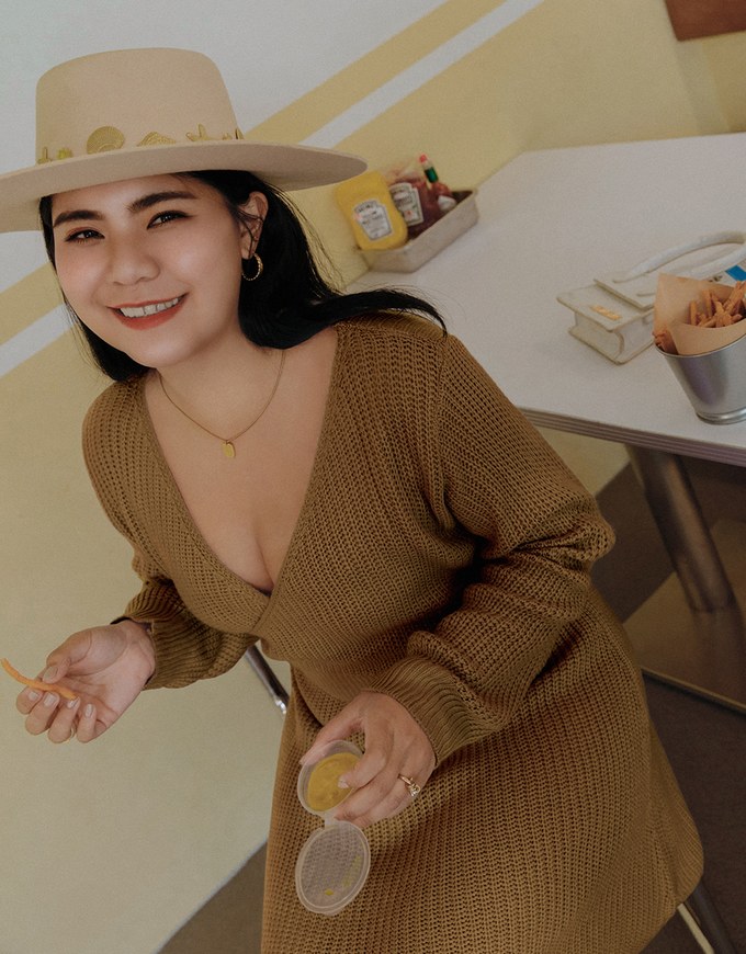 Overlapped V Neck Loose Knit Mini Dress