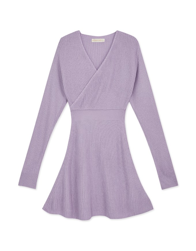 Overlapped V Neck Loose Knit Mini Dress