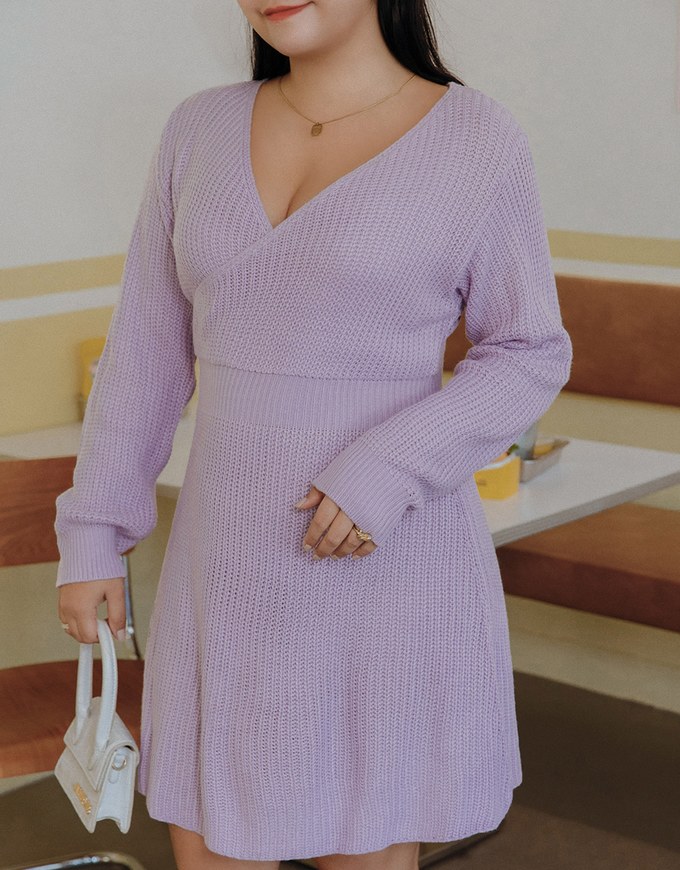 Overlapped V Neck Loose Knit Mini Dress