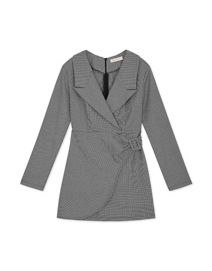Houndstooth Overlap Side Belt Shirt Mini Dress