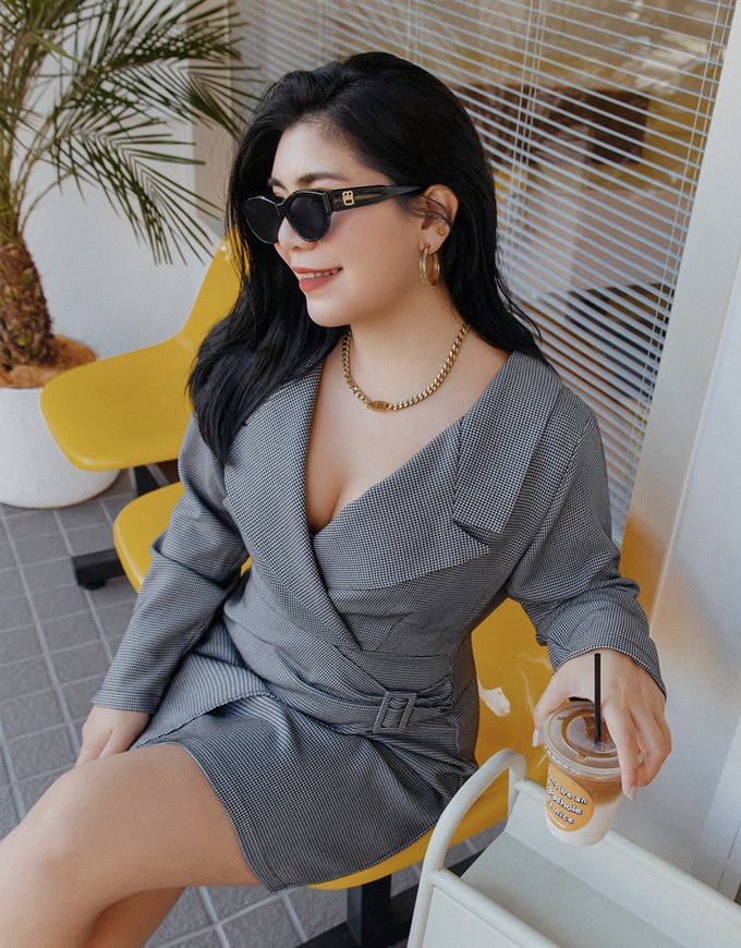 Houndstooth Overlap Side Belt Shirt Mini Dress