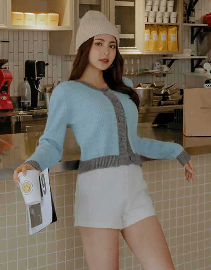 Knit Loose Blazer Jacket With Colorful Piping And Buttons