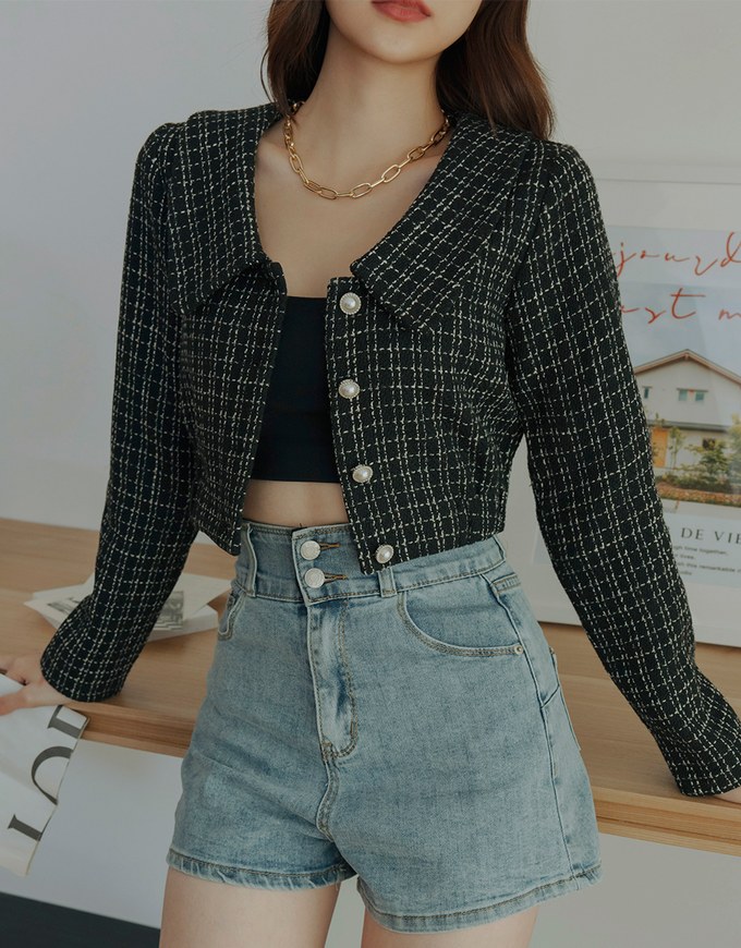 Small Bead Button Lapel Crop Top