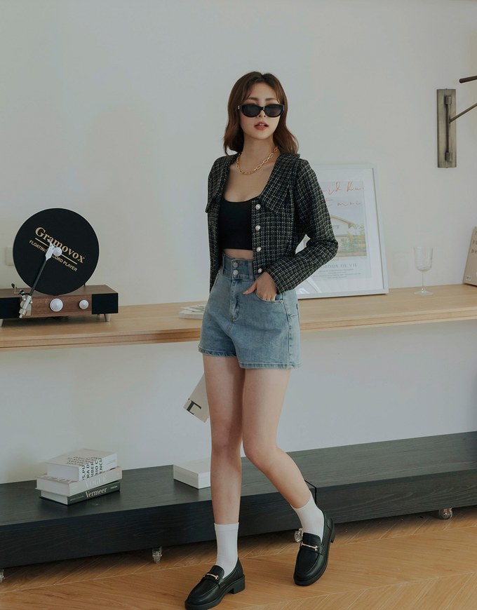 Small Bead Button Lapel Crop Top