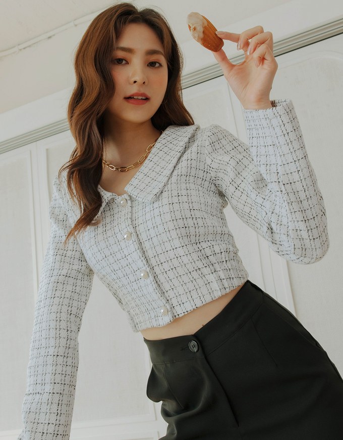 Small Bead Button Lapel Crop Top