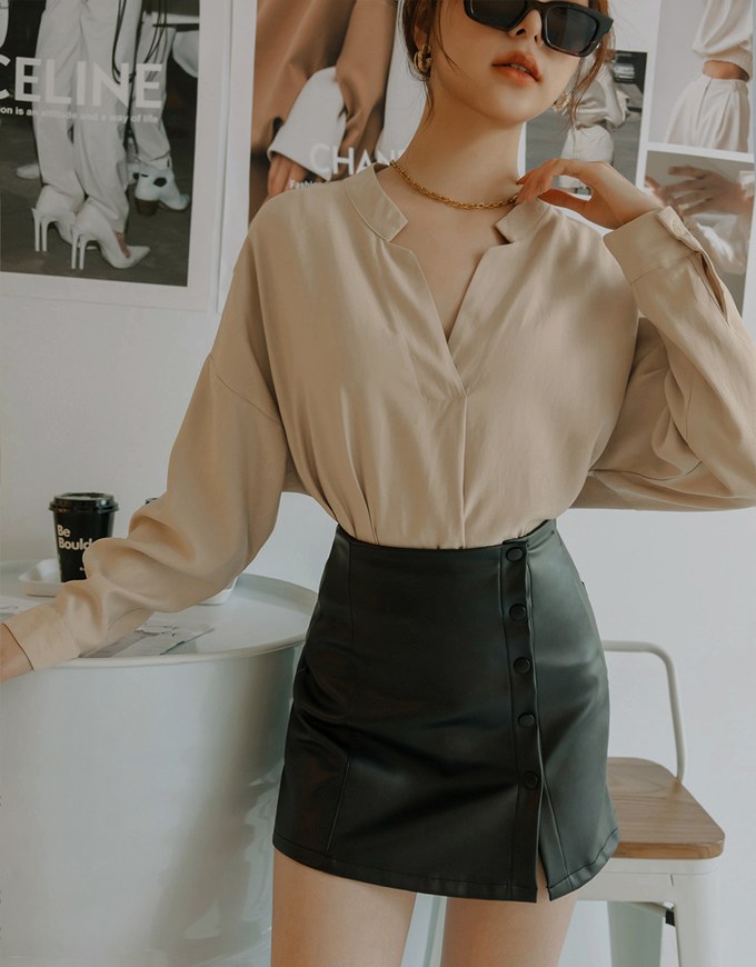 Collarless Plain Oversized Blouse Shirt