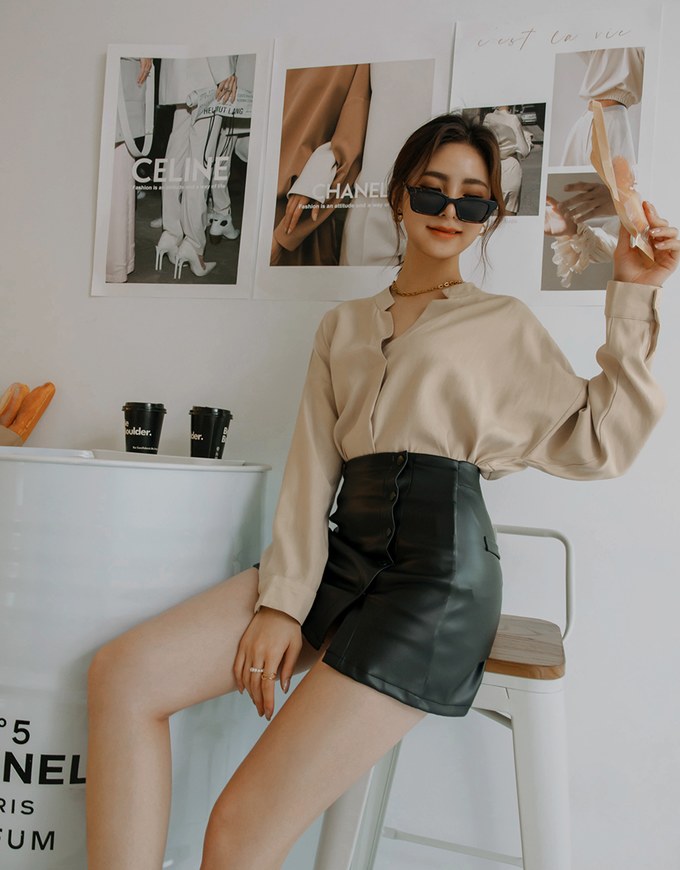 Collarless Plain Oversized Blouse Shirt